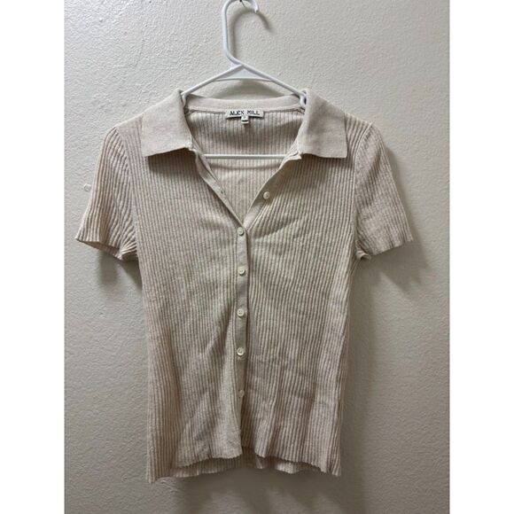 ALEX MILL Suzanne Ribbed Knit Short Sleeve Button Front Polo Top Shirt Ivory S - Picture 3 of 5